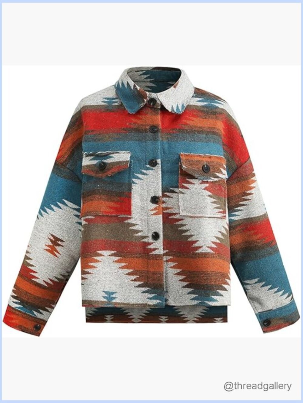 Vintage Aztec Print Loose Shacket Button Down Long Sleeve Wool Blend Coat